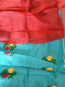 Blue With Red Floral Design ChanderiCotton Saree