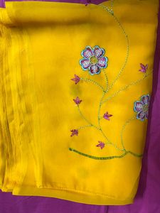 New Yellow Soft Silk Thread Work Saree For Haldi