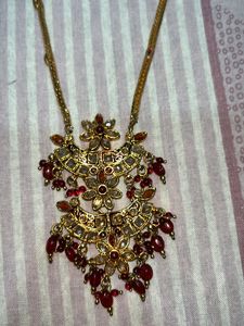 AD Double Pendant Necklace In Gold Nd Red Colour
