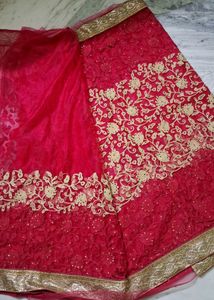 Pink &amp; Gold Embroidered Net Saree