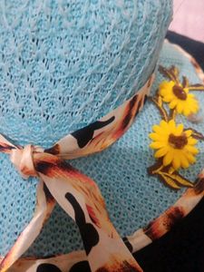 Blue Sun Hat with Sunflower Detail