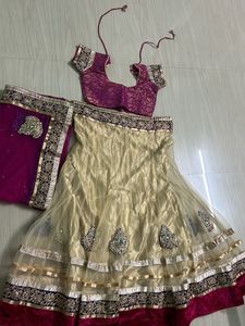 Dark Rose Odhni With Golden Lehanga