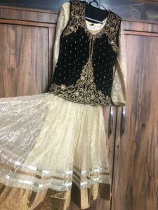 Golden Anarkali With Black Stone Work Shrug