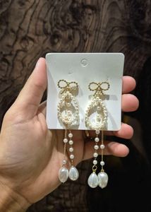 Bow N Pearls Long Korean Earrings