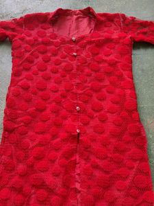 Red Textured Button-Down Top