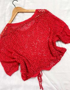Pinterest Oversized Hot Red Crochet Knit Top D