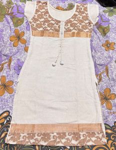 Beige White And Gold Cotton Kurti