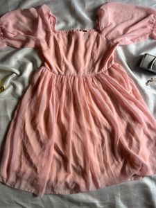 Pink Chiffon Mini Dress with Puff Sleeves
