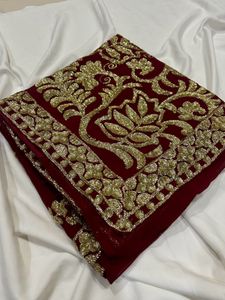 Elegant Embroidered Red Saree without blouse