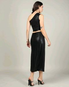 One Shoulder Ruched Shimmer Crop Top with Skirt