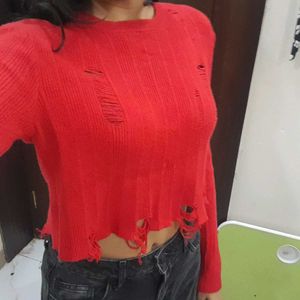 Red Distressed Crop Top
