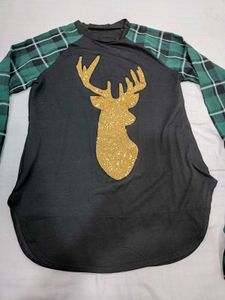 Deer Graphic Plaid Sleeve Top