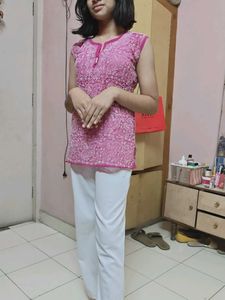 Lucknow Chikankari Pink Short Top