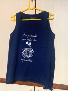 Navy Blue Pure Cotton Printed Tank Top