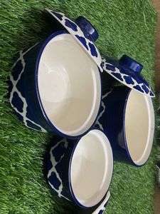 Blue Ceramic Bowls with Lids - Set of 3