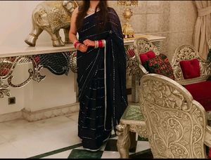 Designer Navy Blue And Silver Festive Net Saree..