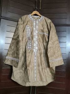 Women Beige Embroidered Silk Straight Kurta