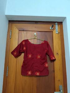 Elegant Maroon Blouse Navy Blue Skirt Set