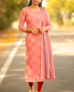 Peach Printed Kurti Set