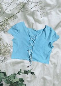 Light blue short Sleeved crop top (lace-up Front)