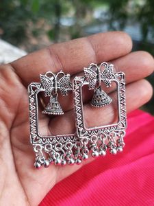 Silver Tone Square Jhumka Earrings