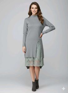 winter frendely Grey Dress with Lace Detail