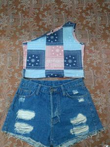 Distressed Denim Shorts &amp; Patchwork Top Set