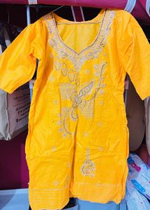 Embroidered Yellow Cotton Fabric Suit With Duppata