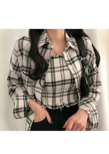 Casual Checkered Women White Black Top