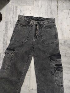 Gray Wide Leg Cargo Jeans