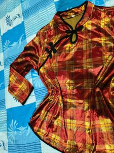 Vintage Style Plaid Mandarin Collar Velvet Top