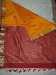 New smooth Silk saree turmeric yellow- maroon