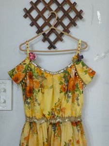 Floral Print Party Wear Yellow Ethnic Dress
