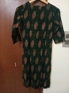 Dark Green with Gold Paisley Print Kurta, Size-XS