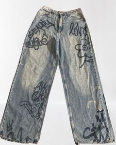 Vintage-Inspired Graffiti Print Wide-Leg Jeans