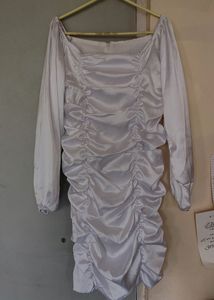 White Satin Smocked Bodycon Dress. Western Outfit/Party Wear.