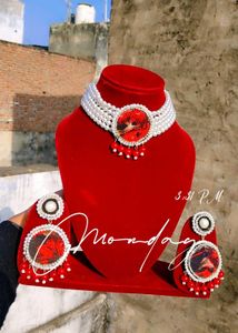 Pearl &amp; Red Stone Jewelry Set