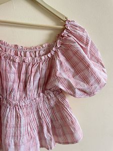 Pink Plaid Puff Sleeve Top