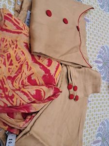 Beige & Red Salwar Kameez Set