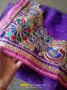 Purple Embroidered Sari Fabric