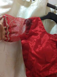 Red Saree with white Diamonds and Stitched Blouse