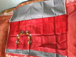 Grey With Red Floral Design ChanderiCotton Saree