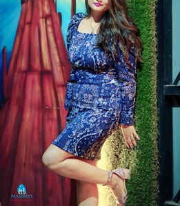 Navy Blue Belted Puff Sleeve Jacquard Dress