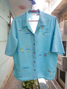 VINTAGE TEXTURED TATTERSALL PLAID EMBROIDERY SHIRT