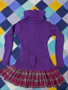 Purple Knit Dress with Plaid Skirt