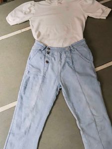 Combo Of White Puffed Sleve Top And Bell Bottom