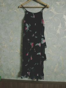 Navy Blue Floral Print Dress with Ruffles, Size-S