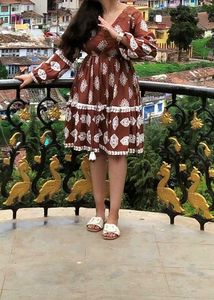 Brown Printed Long Sleeve Dress