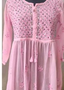 Pink Mirror Work Kurti Top