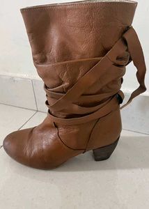 Brown Leather And Fur Heeled Boots